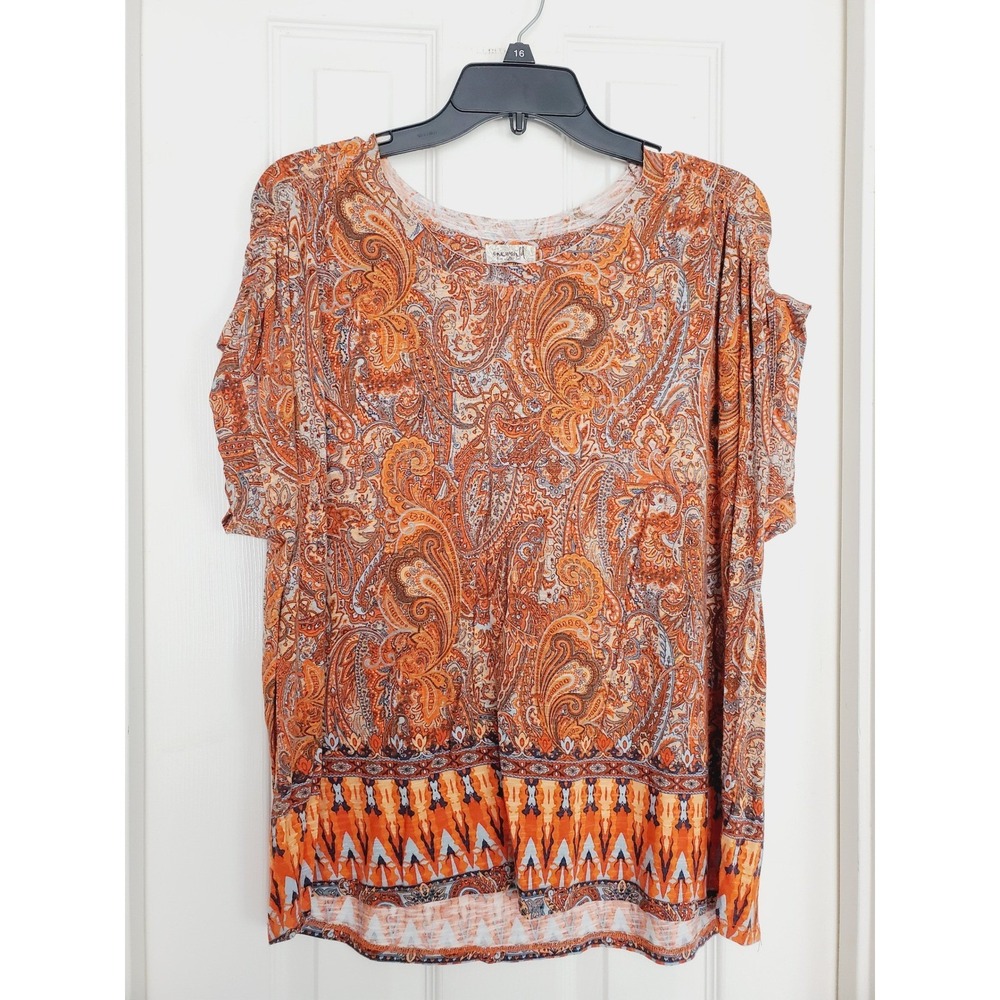 One‎ World Top Orange Paisley Ruched Short Sleeve Boho Blouse Large